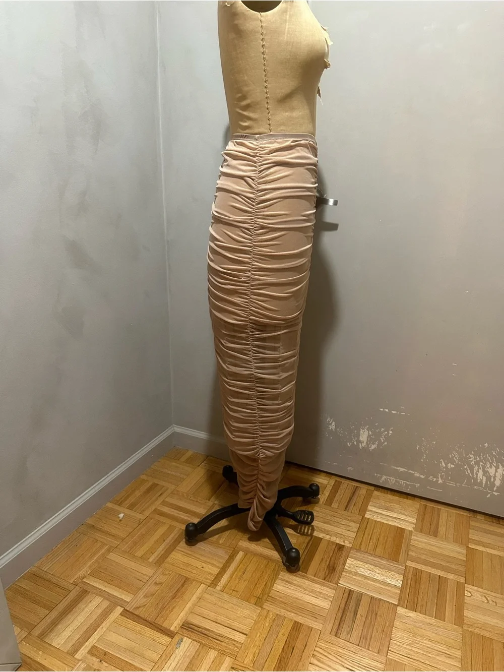 Ruched Nude Bodycon Maxi Skirt
